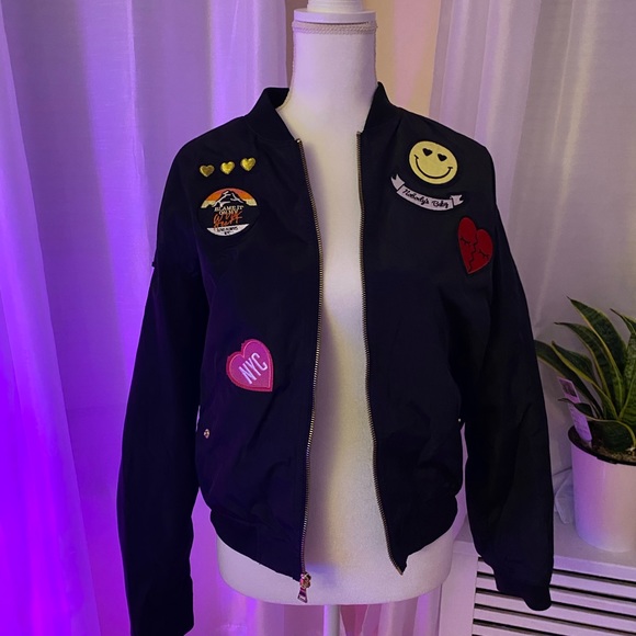 Express Black Patch Embellished Windbreaker Bomber Jacket 🙂❤️💕💔 - Picture 2 of 5
